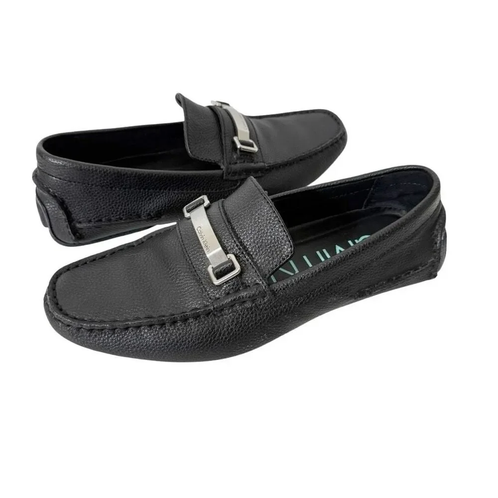 Calvin Klein Mens Mikos Black Tumbled Leather Minimalist Driving Loafer Size 8.5